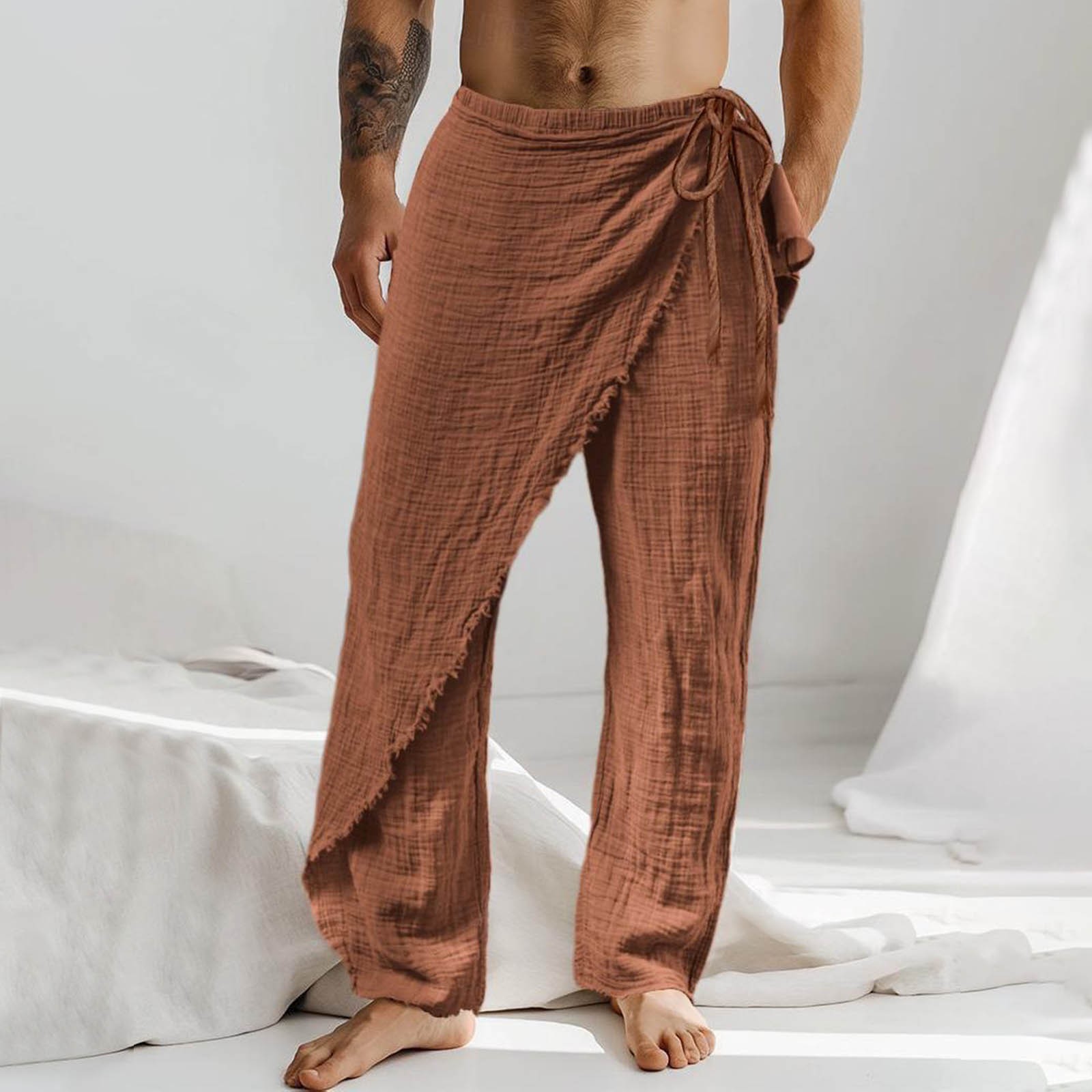 thumbnail image 2 of Pantalones de lino para hombre - Cintura elástica con cordón, pierna recta, largo completo - Pantalones informales transpirables para todas las estaciones, 2 of 5
